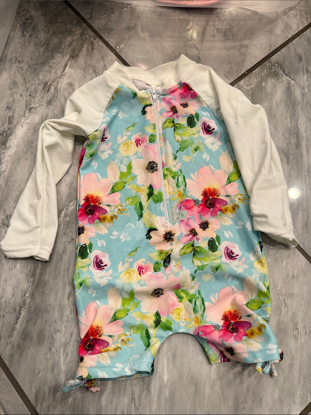Floral Long-Sleeve Baby Swim Romper - Pastel Blue & Pink